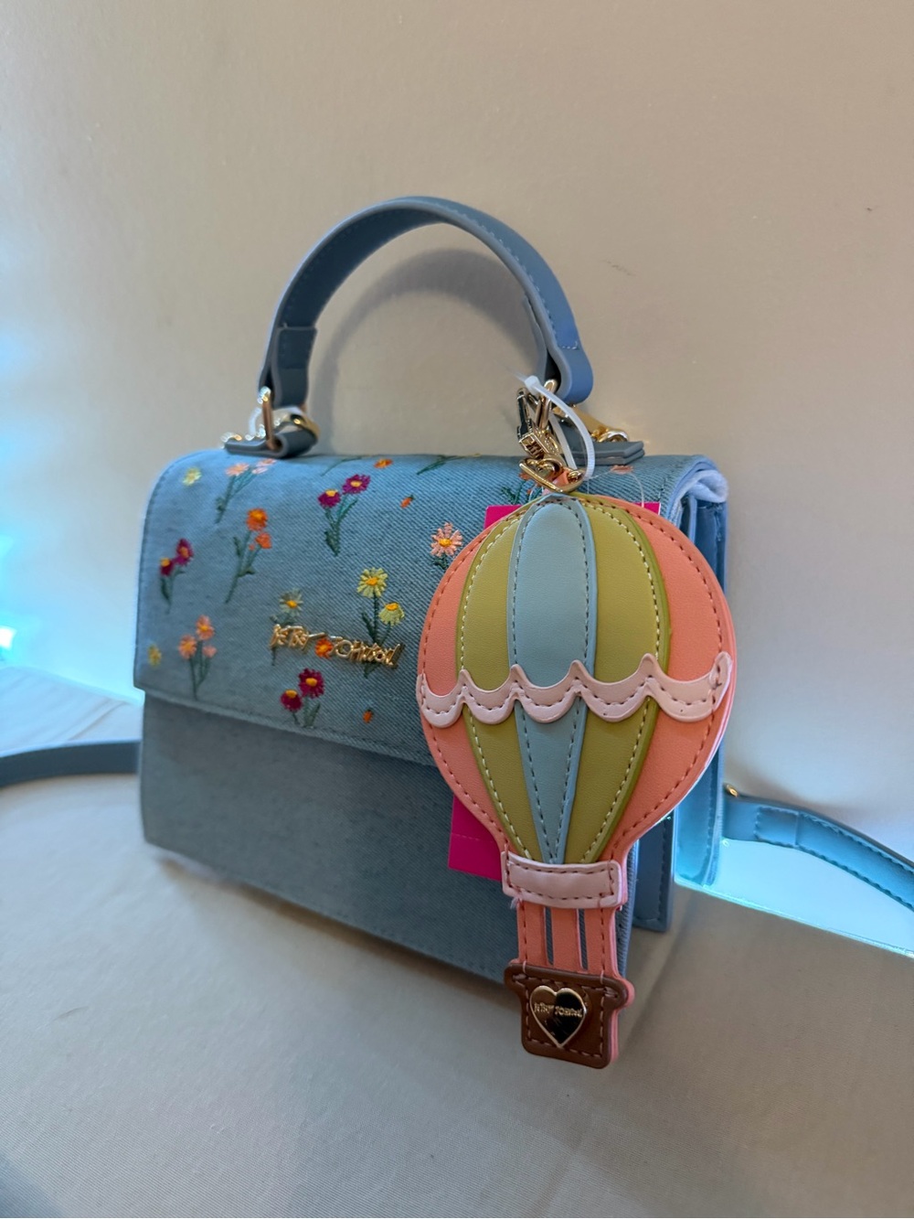 Betsey Johnson Blue Floral Embroidered Top-Handle Bag - Picture 2 of 4